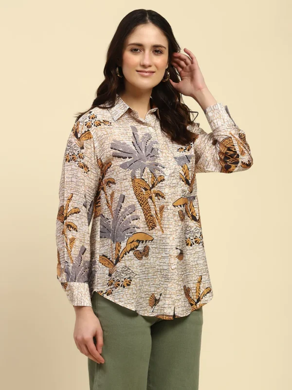 Brown Tropical Print Rayon Blend Relaxed Fit Shirt - Image 3