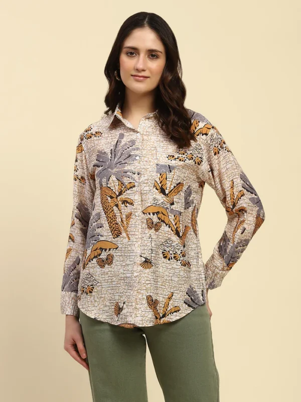 Brown Tropical Print Rayon Blend Relaxed Fit Shirt - Image 5