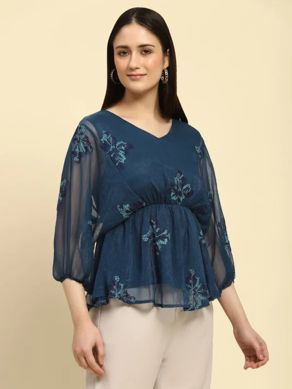 Teal Embroidered Poly Blend Regular Fit Blouson Top - Image 3