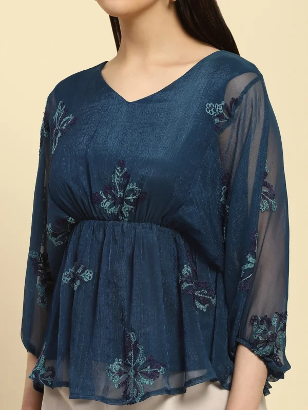 Teal Embroidered Poly Blend Regular Fit Blouson Top - Image 4