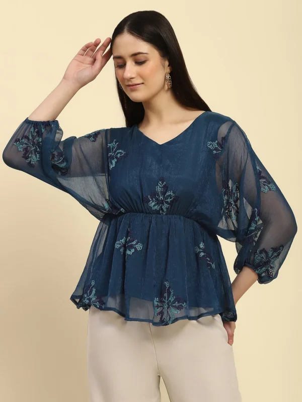 Teal Embroidered Poly Blend Regular Fit Blouson Top - Image 5